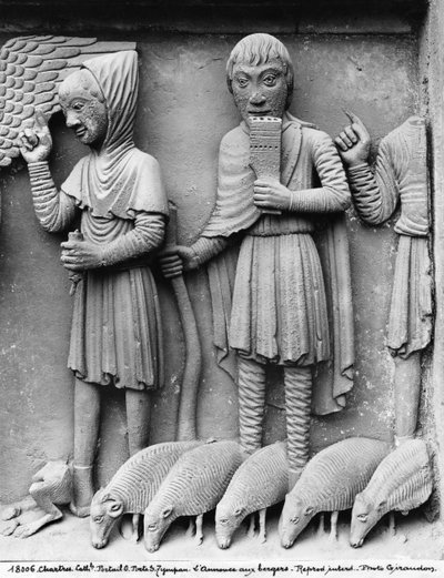 West portal, South door, tympanum depicting the Madonna and Child Enthroned, Annunciation of the Shepherds, c.1145-50 (detail) by French School