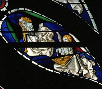 Window depicting musician angels with sacbut and dulcimer by French School