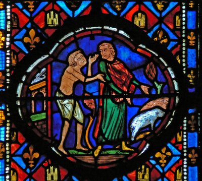 Window Ew-L depicting a scene from the Prodigal Son story: having spent all his money he looks after pigs and reflects on his situation by French School