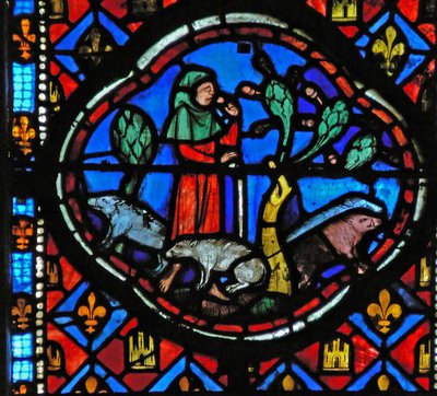 Window Ew-L depicting a scene from the Prodigal Son story: he looks after pigs and thinks by French School