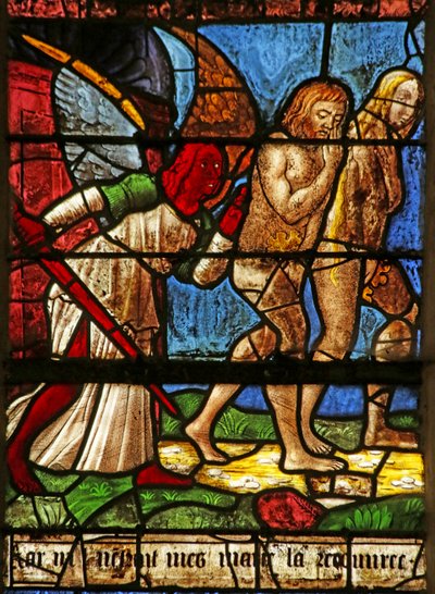 Window depicting Adam and Eve being expelled from Eden by French School