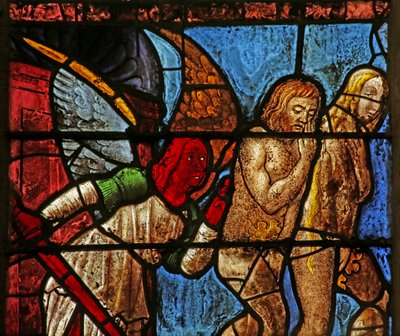 Window depicting Adam and Eve being expelled from Eden by French School