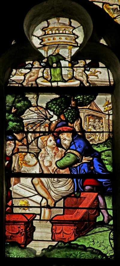 Window depicting Suzanne being molested while bathing by French School