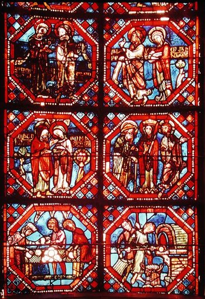 Window depicting the Parents of Christ and bakers baking and selling bread, from the apse by French School