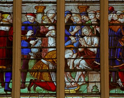 Window depicting the Pious and Charitable acts of Saint Louis undergoing flagellation by French School