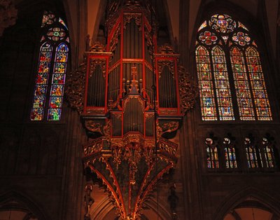 Window depicting the north side of the nave with the organ and clerestory windows by French School