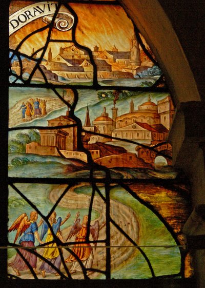 Window in the Charnier Depicting Two Scenes: Killing the Pig: Abraham Being Visited by 3 Angels by French School