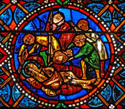 Window s4 depicting a scene from the life of St Agatha; the saint being roasted alive by French School