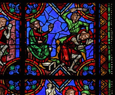 Window depicting St Julian of Brioude story - St Ferreol, a friend of Julien, who died during the Diocletian persecutions, is captured and beaten by French School