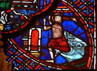 Window depicting Jonah emerges from the whale by French School