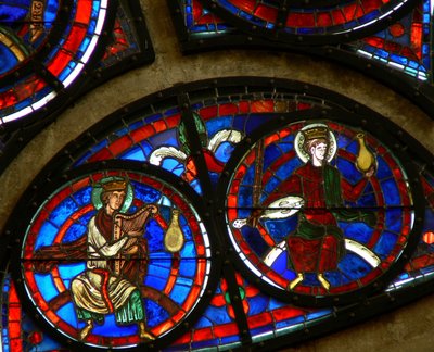 Window depicting the Elders of the apocalypse with musical instruments by French School