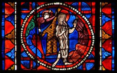 Window depicting St Agnes miraculously protected by her hair by French School