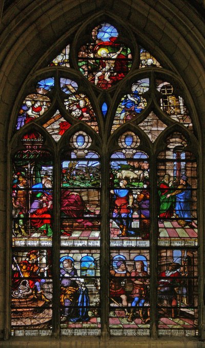 Window depicting Joseph explaining his dream to Potiphar and is accused by Potiphar by French School