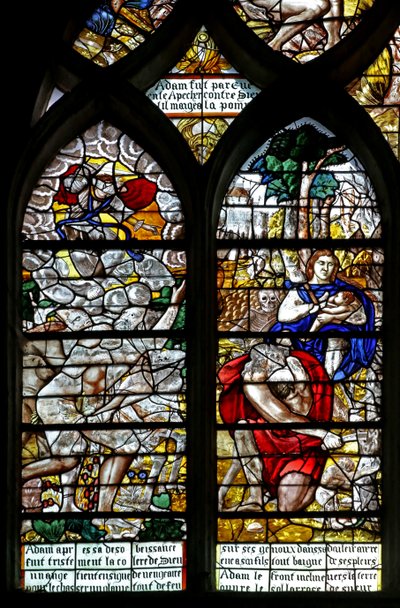 Window w122 depicting Adam and Eve cast out of Eden; Eve suckles; Adam works by French School