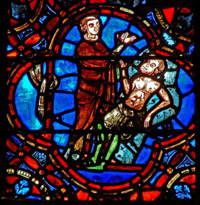 Window w12 depicting a scene in the Good Samaritan window: another traveller sees the wounded pilgrim by French School