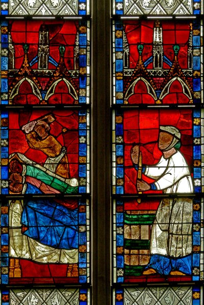 Window w15 depicting a scene from a legend of St Nicholas: the miracle of 3 boys: a butcher kills three boys by French School