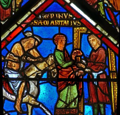 Good Samaritan Window: The Samaritan Takes the Pilgrim to an Inn by French School
