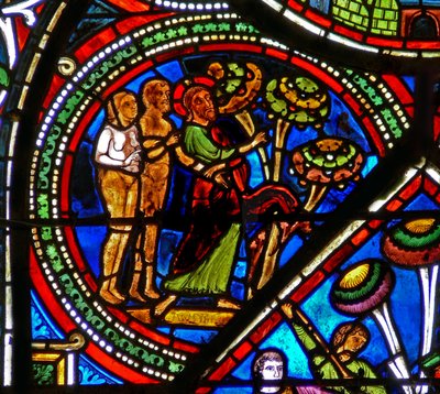 Good Samaritan Window: God Points Out the Forbidden Fruit to Adam and Eve by French School