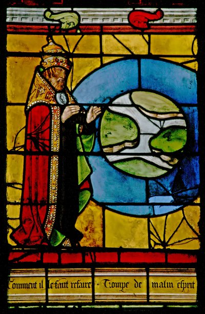 Window depicting God creating the sky around the earth by French School