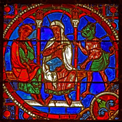 Window depicting a scene from the Theophilus story: he is introduced to Satan by a magician by French School