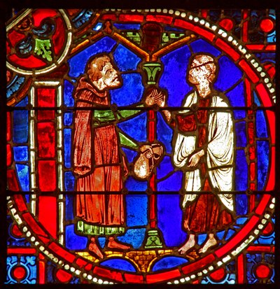Window depicting a scene from the Theophilus story: he solicits the help of a magician by French School