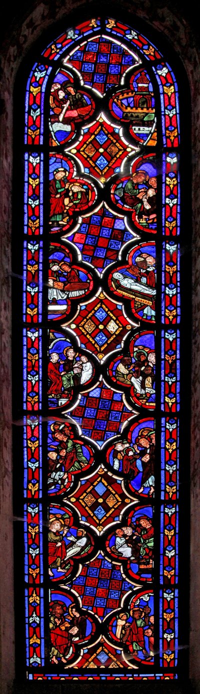 Window w1 depicting a scene from the life of St Mary Magdalene with scenes from the story of Mary and Martha by French School