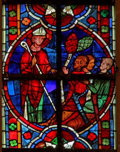 Window depicting a scene from a legend of St Nicholas: he confronts some thieves by French School