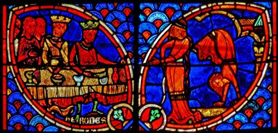 Window w20 depicting a scene from the life of St John the Baptist: Salome dances for Herod by French School