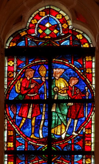 Window depicting a scene from the legend of St James and the lost dependant with pilgrims to Compostello: the reunited family departs by French School