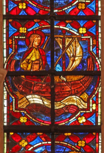 Window depicting St John sails to Patmos by French School