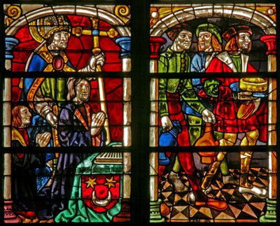 Scene from the Prodigal Son story: three figures at the feast of the Prodigal Son