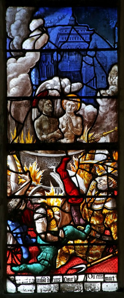 Window w23 depicting St Crepin and St Crepinian: in boiling oil by French School