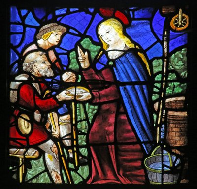 Window depicting St Genevieve gives a leper drink by French School