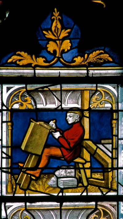 Window w25 depicting a draper at work in the Drapers window by French School