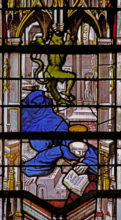 Window depicting St Martin falls downstairs: a devil celebrates by French School