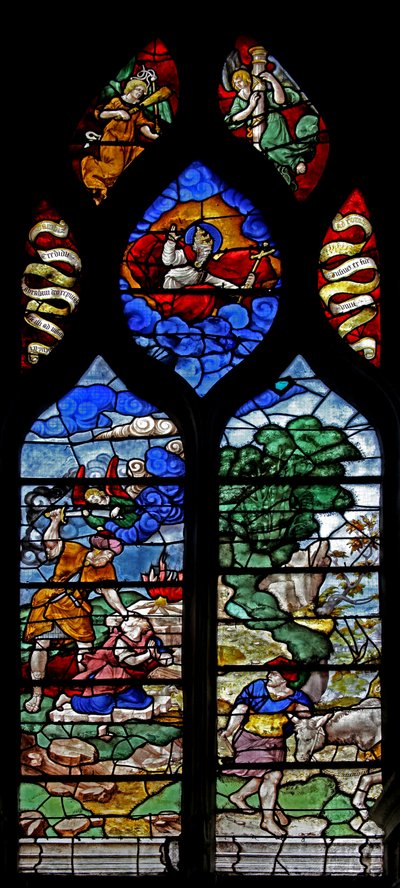 Window depicting Abraham and Isaac: The Angel Intervenes at the Sacrifice by French School