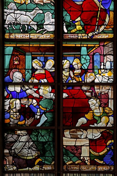 Window depicting a scene from the Life of the Virgin Mary: her birth with numerous people, midwives etc by French School