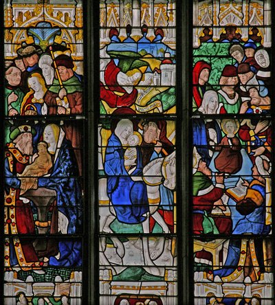 Window depicting the Flight into Egypt, In the Temple with Simeon, Christ with the Doctors in the Temple by French School