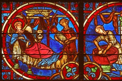 Window depicting the Nativity with midwives by French School