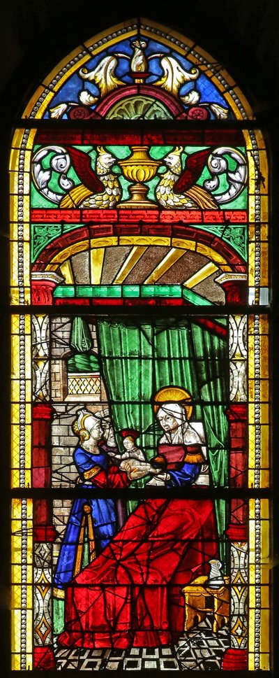 Window depicting the Birth of the Virgin Mary by French School