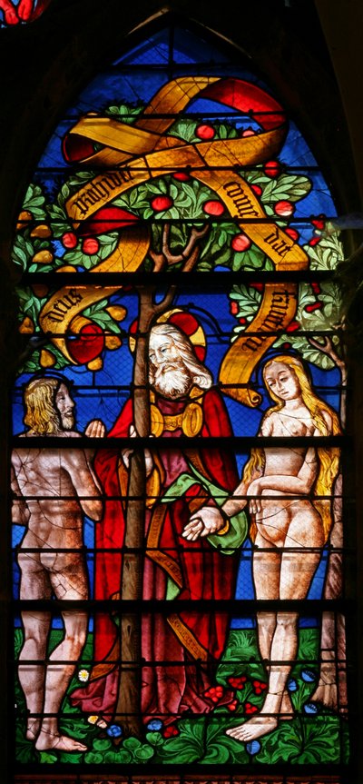 Window 40 depicting Adam and Eve receive the Warning by French School