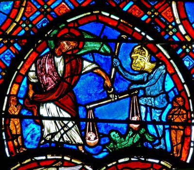 Window depicting a scene from the Last Judgement: St Michael weighing the souls by French School