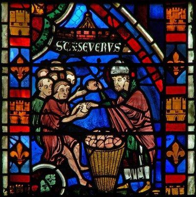 Window depicting St Sever distributes food to the poor by French School