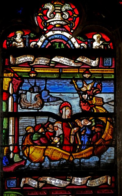 Window depicting Mary Magdalene sets sail from Jerusalem by French School