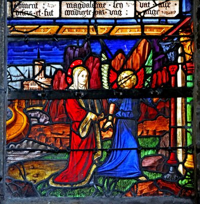 Window depicting Mary Magdalene; she goes into exile and is guided by an angel by French School