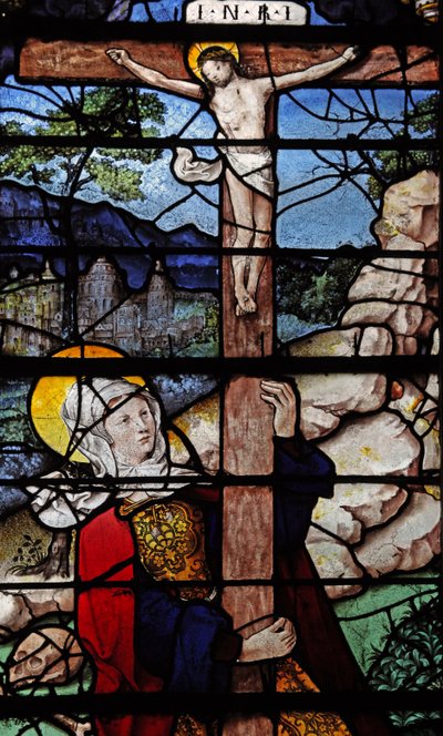 Window depicting a scene from the life of St Mary Magdalene - the saint at the Cross by French School
