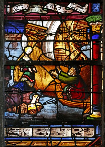Window depicting the Duke of Marseilles returns from Jerusalem and finds his wife on the rock with a son by French School