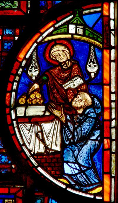 Window depicting the miracle of the monks and the granary by French School