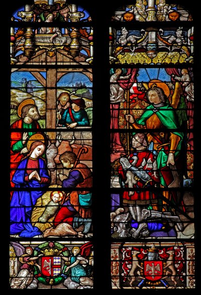 Window depicting the Nativity with Shepherds; donors look on by French School