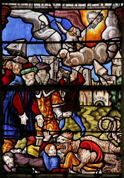 Window w7 depicting a scene from the Book of Revelation: the sword of truth; beast and prophet are taken by French School